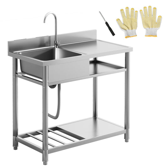 Outdoor Stainless Steel Kitchen Sink, Freestanding Single Bowl with Cold and Hot Water Pipe