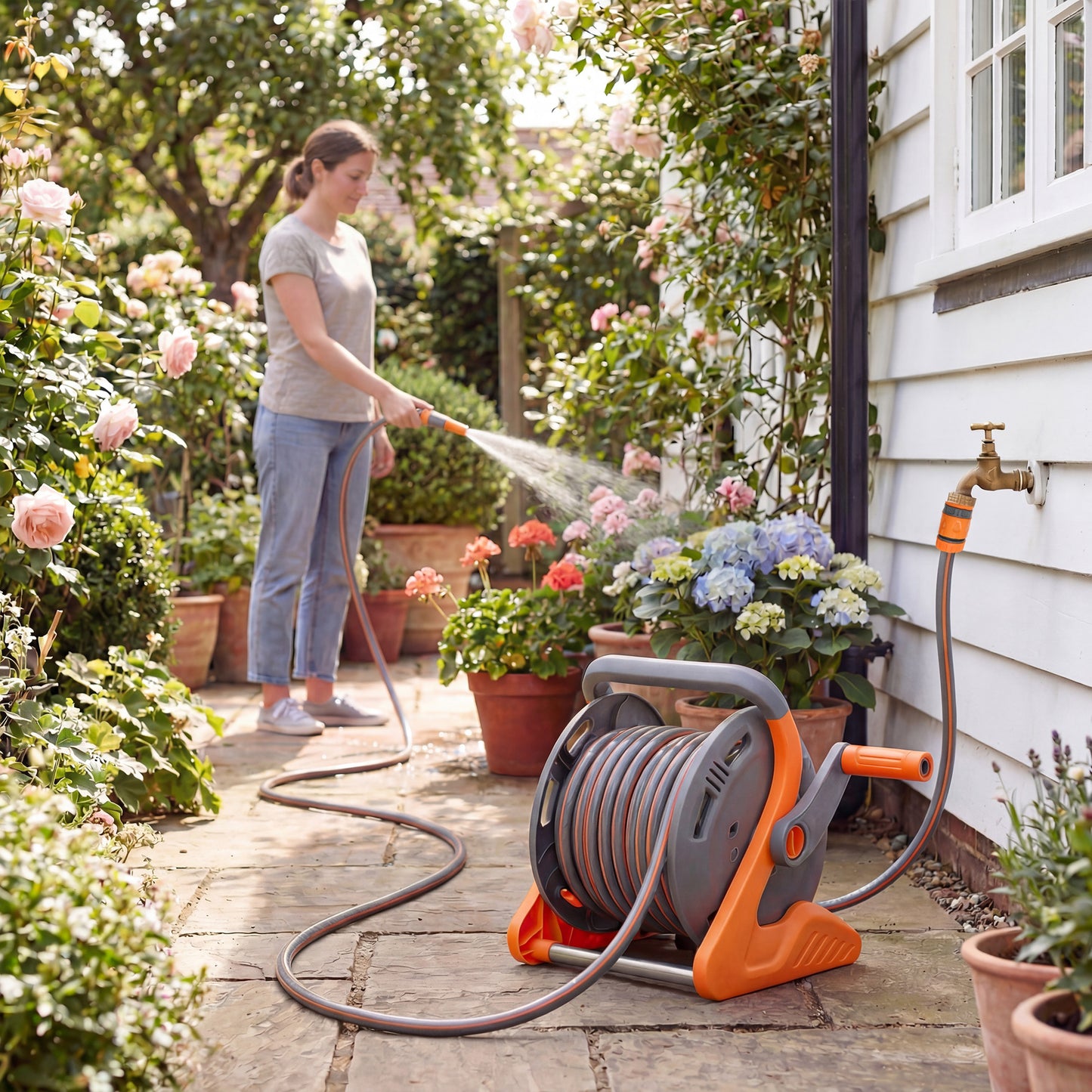 2-in-1 Portable & Wall Mounted Garden Hose Reel | 20+2m | Crank Handle | 2-Pattern Spray Nozzle | Rust-Proof PVC & PP | 8 Bar | 3/4" & 1/2" BSP Adaptor | 40x28x32cm | Orange