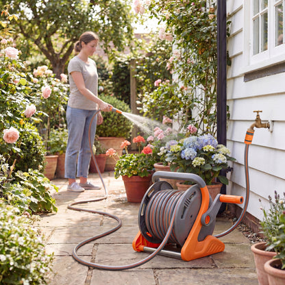 2-in-1 Portable & Wall Mounted Garden Hose Reel | 20+2m | Crank Handle | 2-Pattern Spray Nozzle | Rust-Proof PVC & PP | 8 Bar | 3/4" & 1/2" BSP Adaptor | 40x28x32cm | Orange