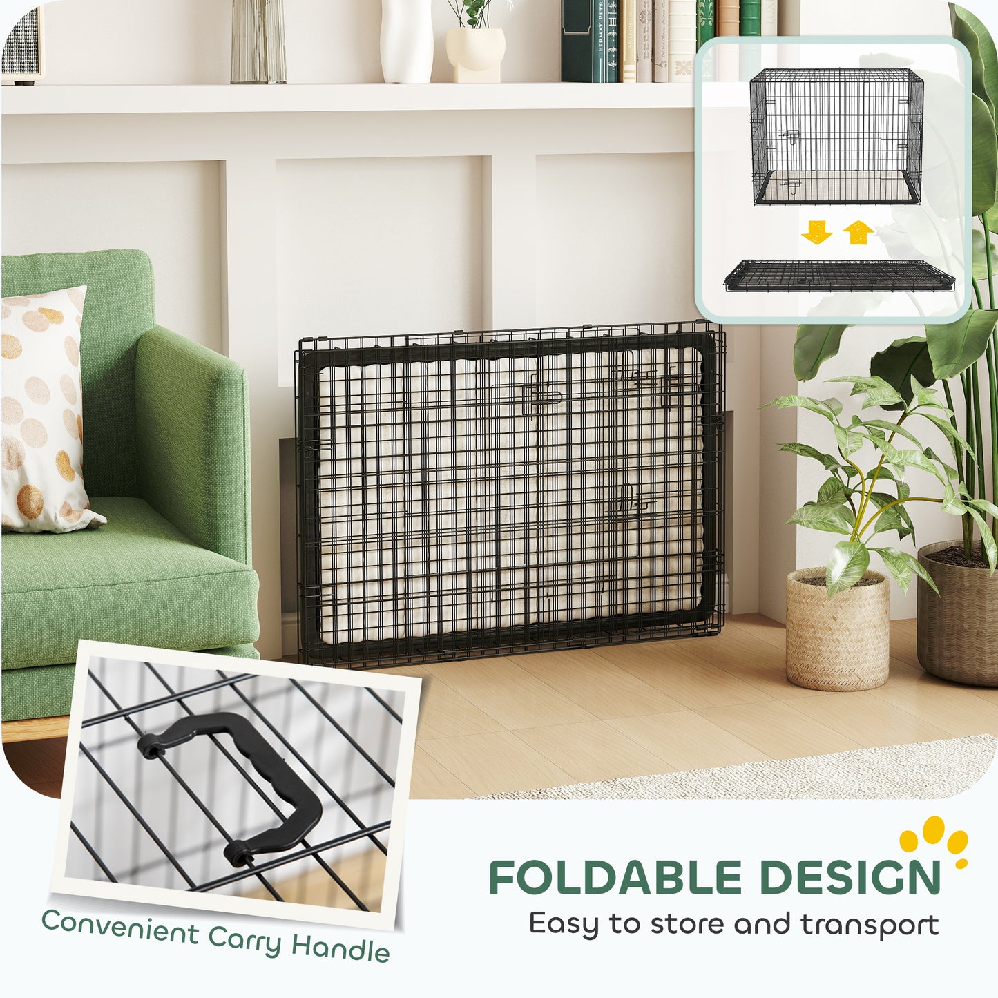 Foldable Dog Crate | 2 Doors | Soft Washable Cushion | Removable ABS Tray | Large Dogs up to 30kg | 91 x 62 x 68cm | Black