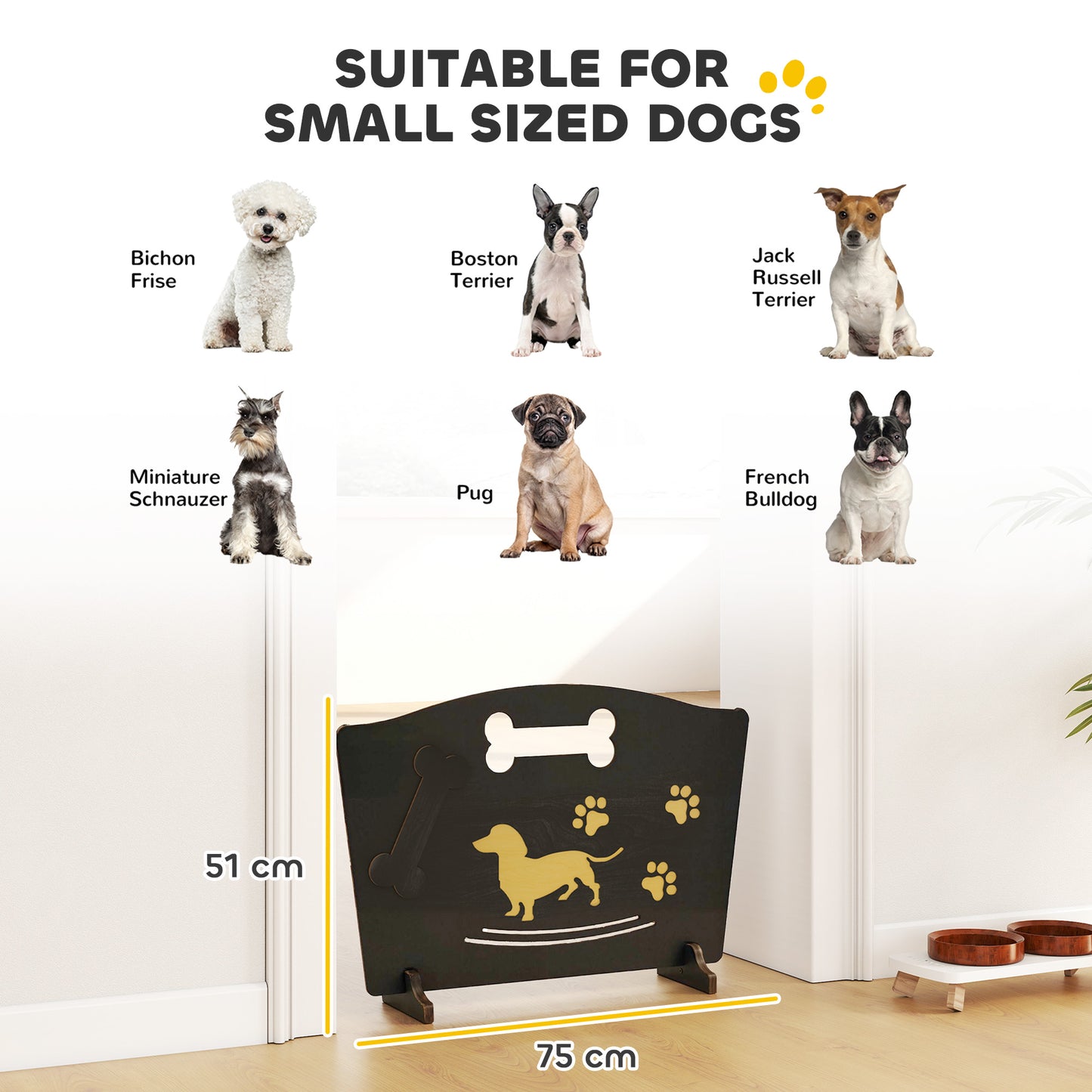 PawHut Wooden Dog Stopper, Dog Barrier with Support Feet, for Stair, Patio, Very Easy Setup, Black, 75 x 51 cm