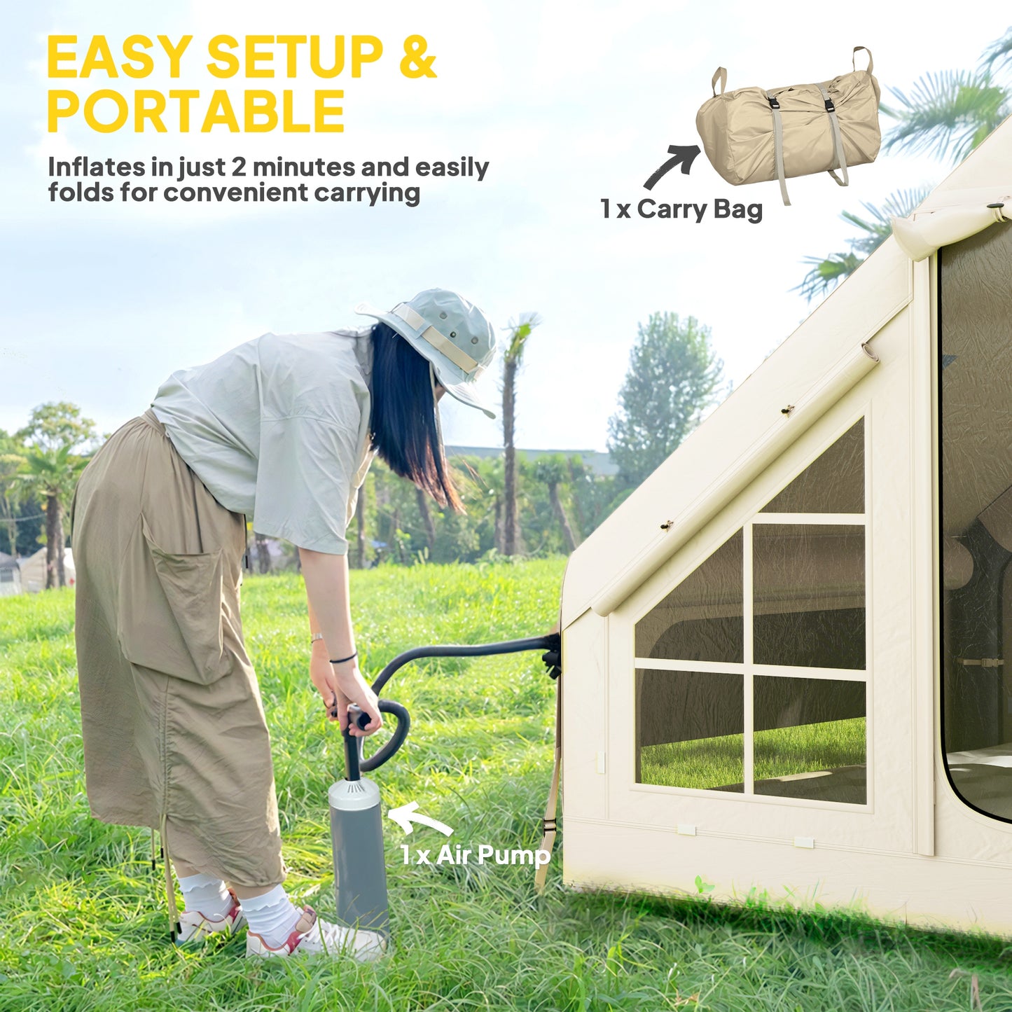 Outsunny Inflatable Camping Tent with Pump, Easy Setup 2-4 Person Blow Up Tent, Waterproof Luxury Inflatable Tent with Mesh Windows, Doors, Hook and Carry Bag, Beige