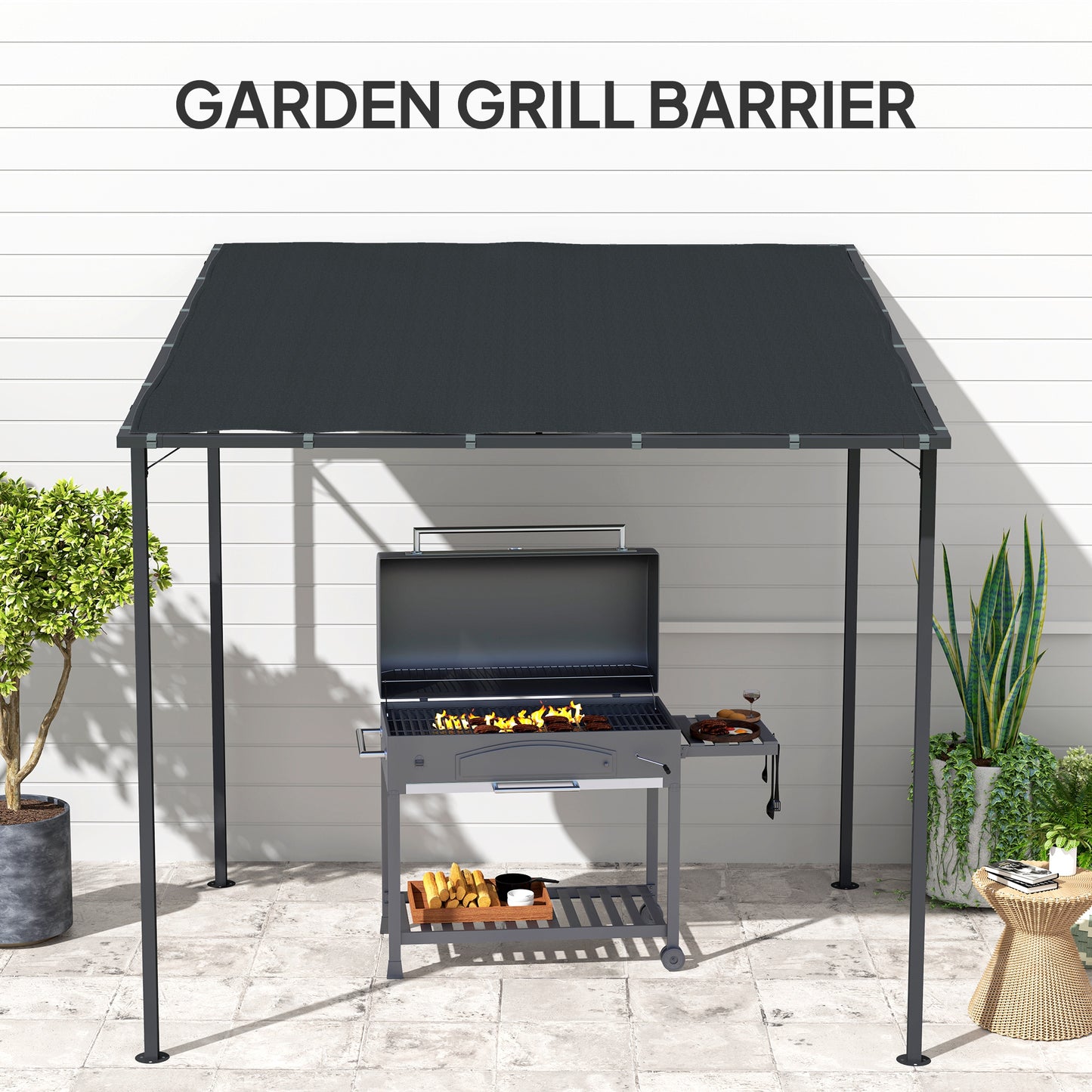 2.4 x 2.4 m Wall Mounted Pergola Gazebo with PA Coating Fabric and Metal Frame, UPF30+, Lean to Garden Gazebo, Wind Resistant Sun Shade Shelter