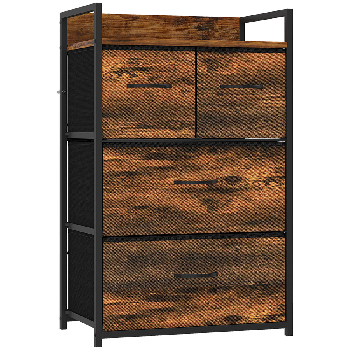 Rustic Chest of Four Fabric Drawers | Rustic Brown & Black | Particleboard Steel Linen | 50x29x85cm | 25kg Max Load | Adjustable Feet | Industrial Style | Bedroom Storage