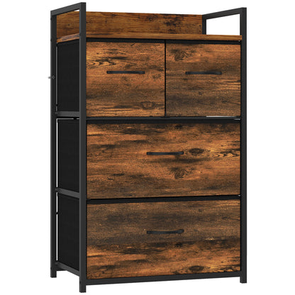 Rustic Chest of Four Fabric Drawers | Rustic Brown & Black | Particleboard Steel Linen | 50x29x85cm | 25kg Max Load | Adjustable Feet | Industrial Style | Bedroom Storage