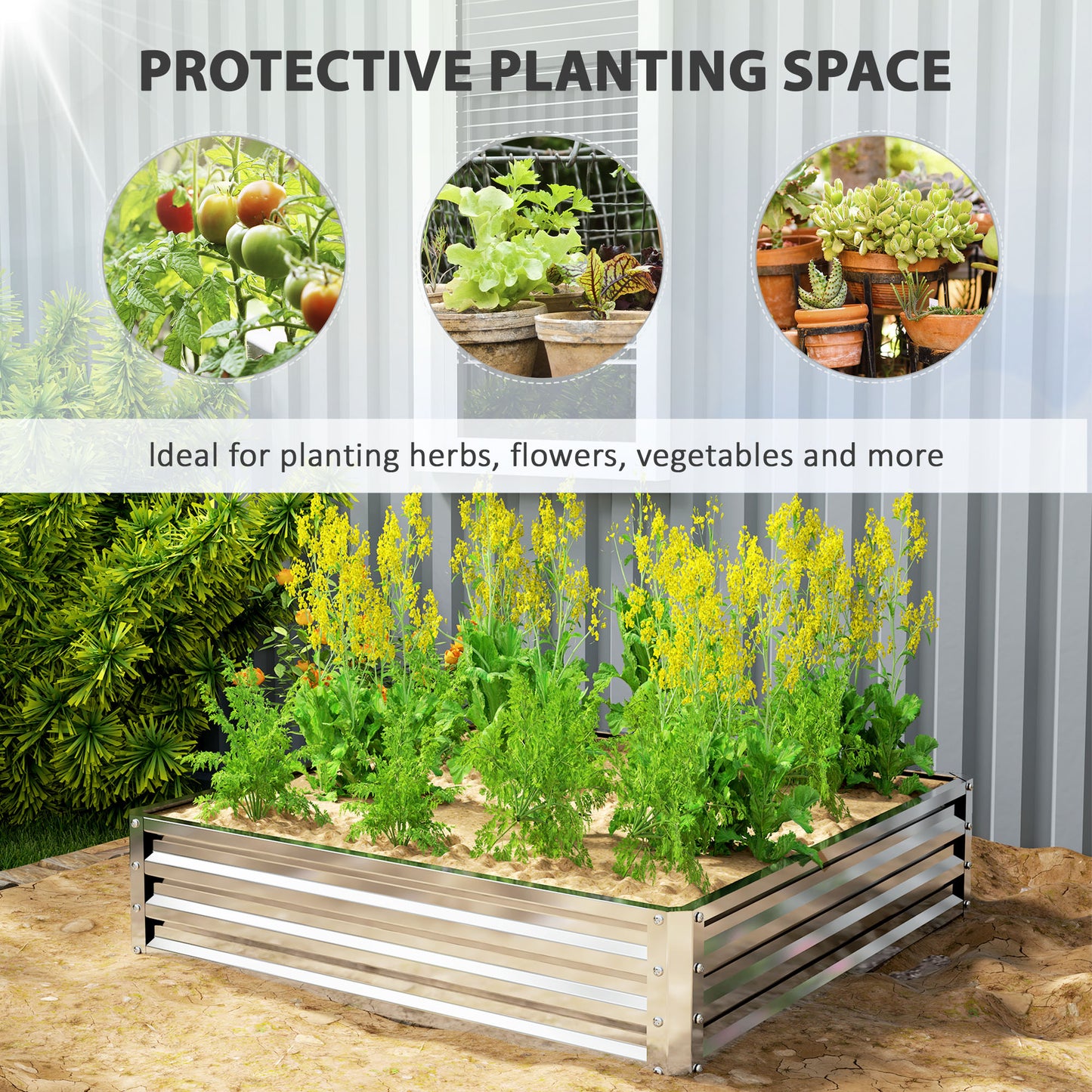 Square Galvanised Steel Raised Garden Bed | Open Bottom | 30cm High Panels | Slot-Together Assembly | Year-Round Outdoor Use | 120x120x30cm | Silver