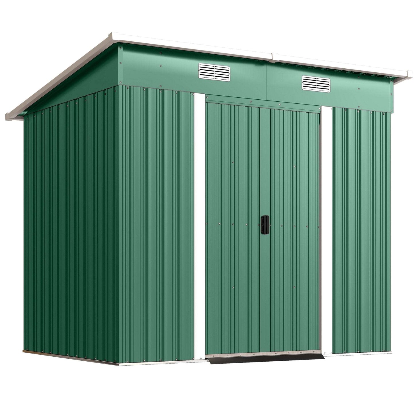 Corrugated Galvanised Steel Garden Storage Shed | Sliding Door | 2 Front Vents | Sloped Roof | Foundation Kit | 203x130x182cm | Bikes Tools Logs & Bins | Green