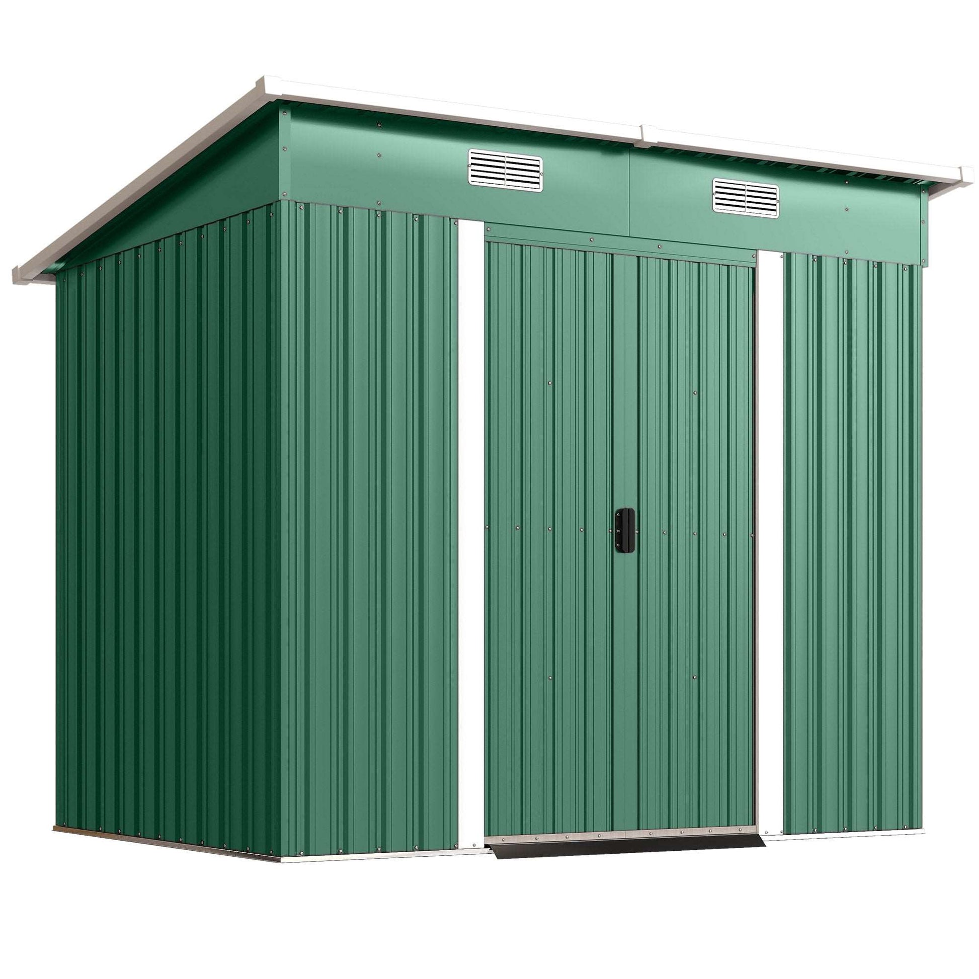 Corrugated Galvanised Steel Garden Storage Shed | Sliding Door | 2 Front Vents | Sloped Roof | Foundation Kit | 203x130x182cm | Bikes Tools Logs & Bins | Green