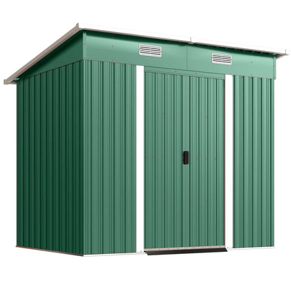 Corrugated Galvanised Steel Garden Storage Shed | Sliding Door | 2 Front Vents | Sloped Roof | Foundation Kit | 203x130x182cm | Bikes Tools Logs & Bins | Green