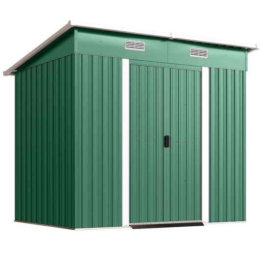 Corrugated Galvanised Steel Garden Storage Shed | Sliding Door | 2 Front Vents | Sloped Roof | Foundation Kit | 203x130x182cm | Bikes Tools Logs & Bins | Green