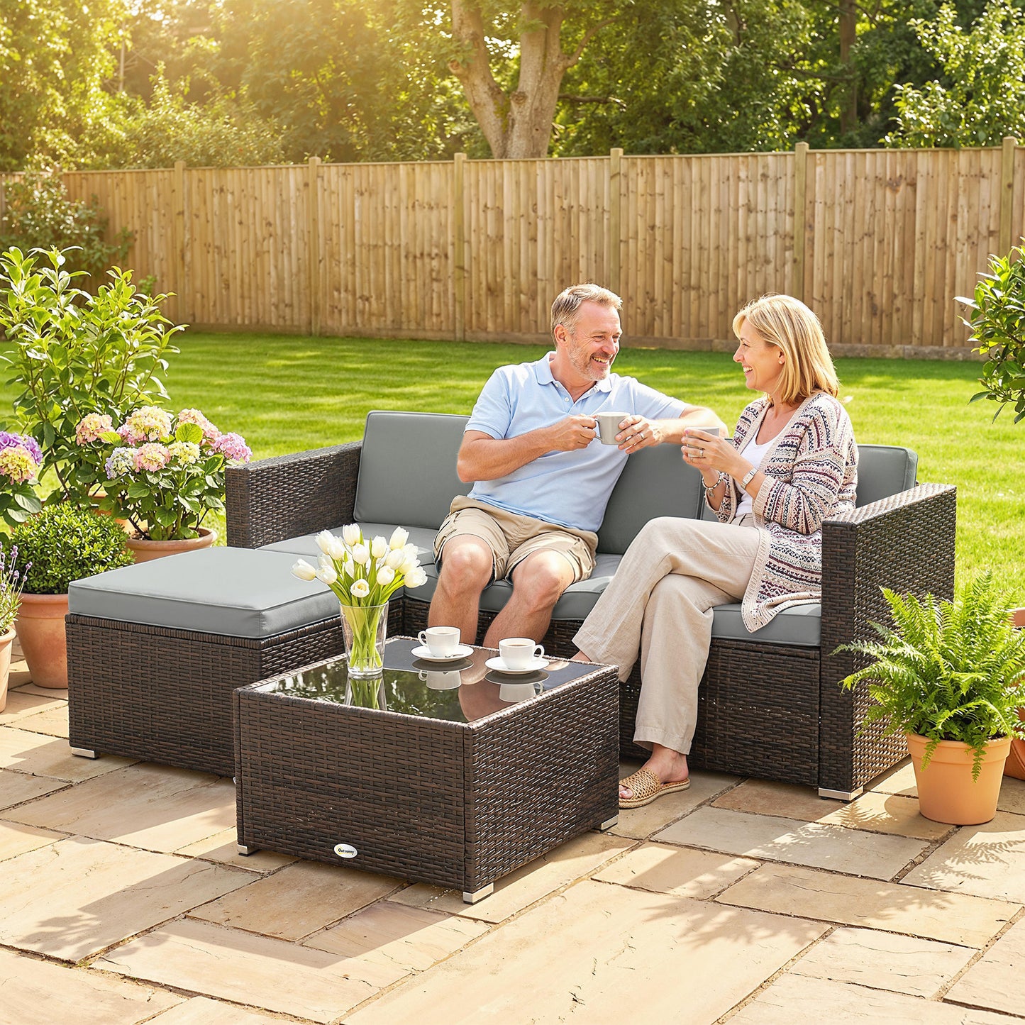 3 Piece Rattan Garden Sofa Set | 3 Seater Sofa | Ottoman | Coffee Table | Tempered Glass | Galvanised Steel | Hand-Woven PE Rattan | Zipped Cushions | 360kg | Light Grey