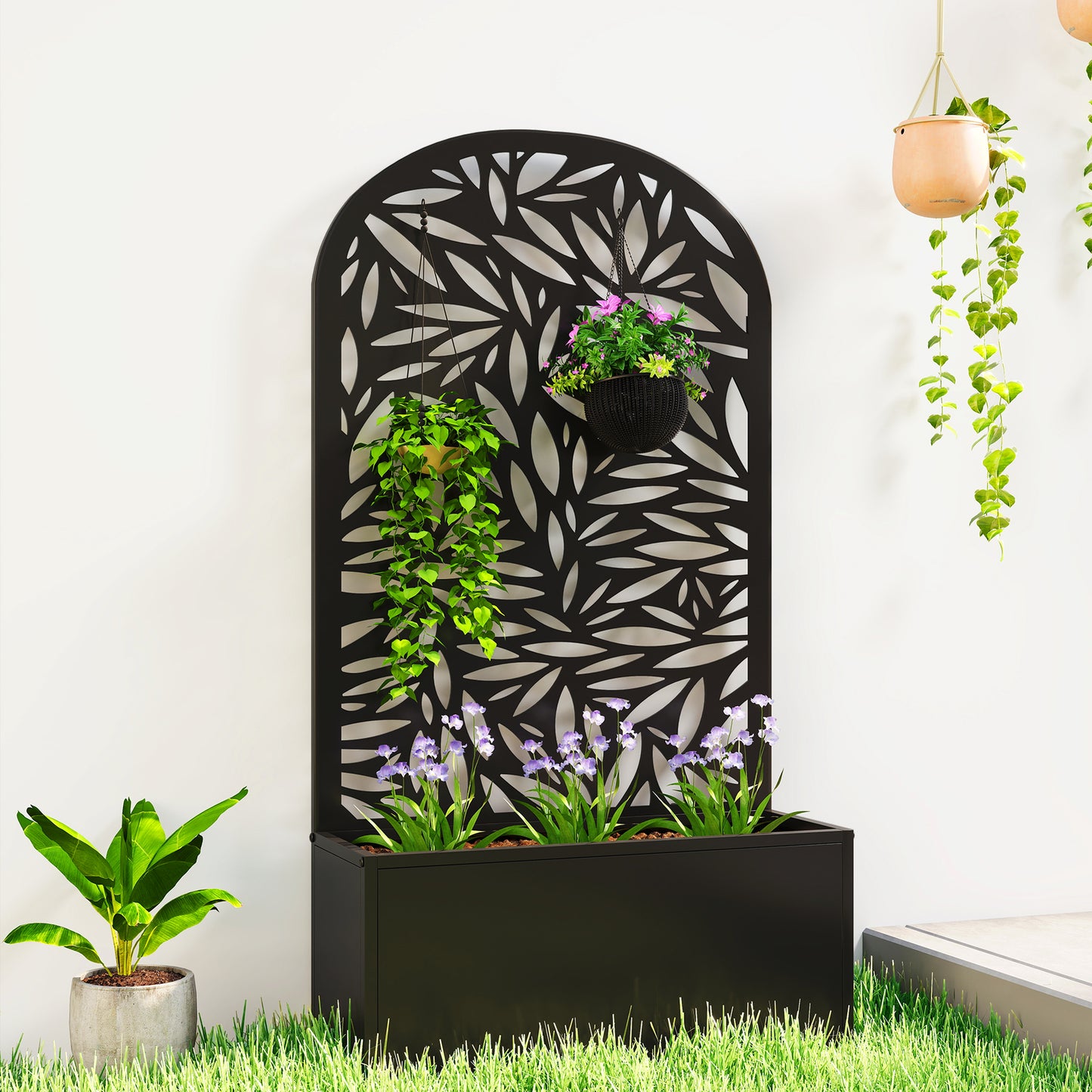 Metal Raised Planter with Curved Leaf Trellis & Privacy Screen | Wall Mounted or Freestanding | 29L Soil | 50kg | Powder-Coated | 61x23x113cm | Climbing Plants | Black
