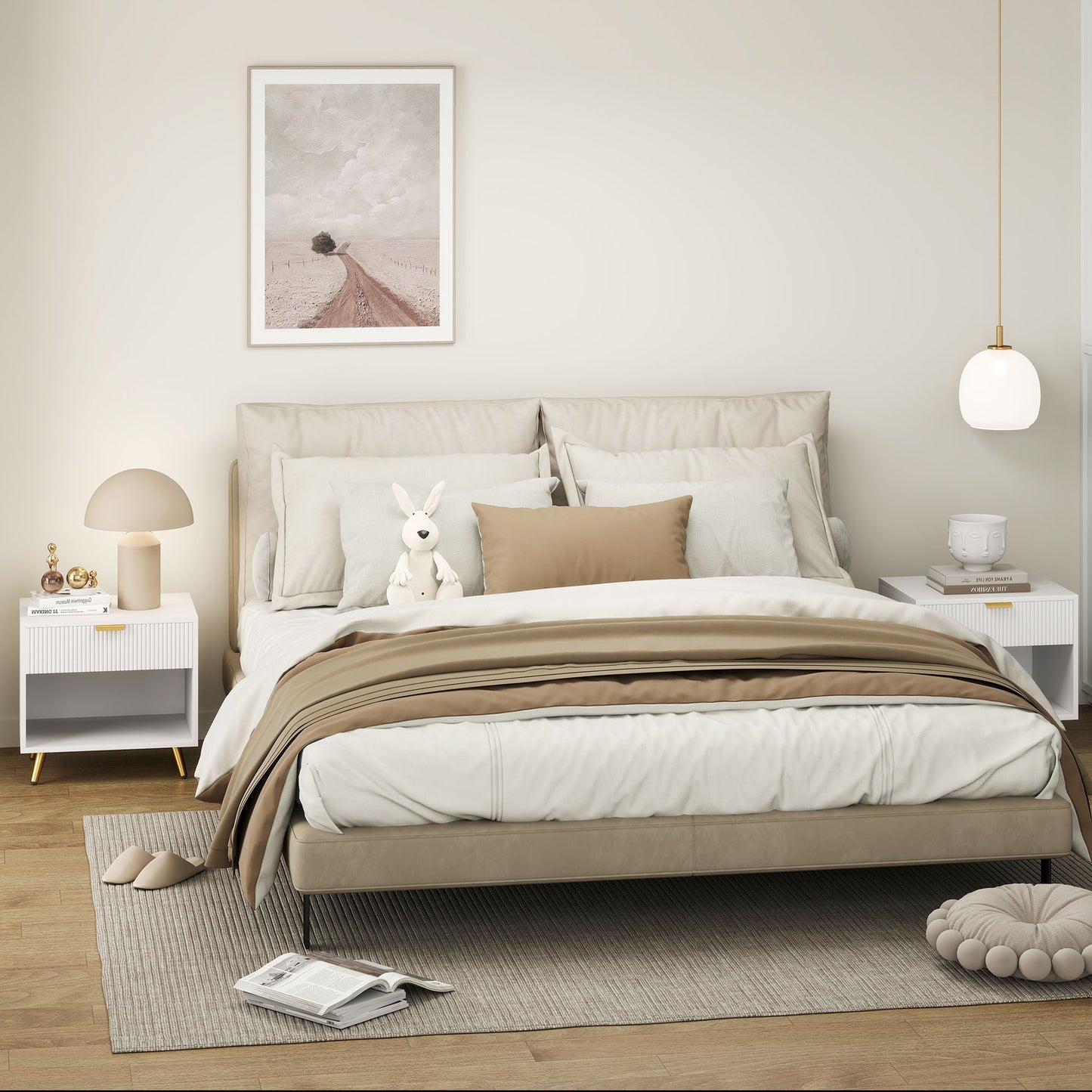 Set of 2 Bedside Tables | Ribbed Drawer | Gold Legs & Handle | Open Shelf | White | 50x47cm