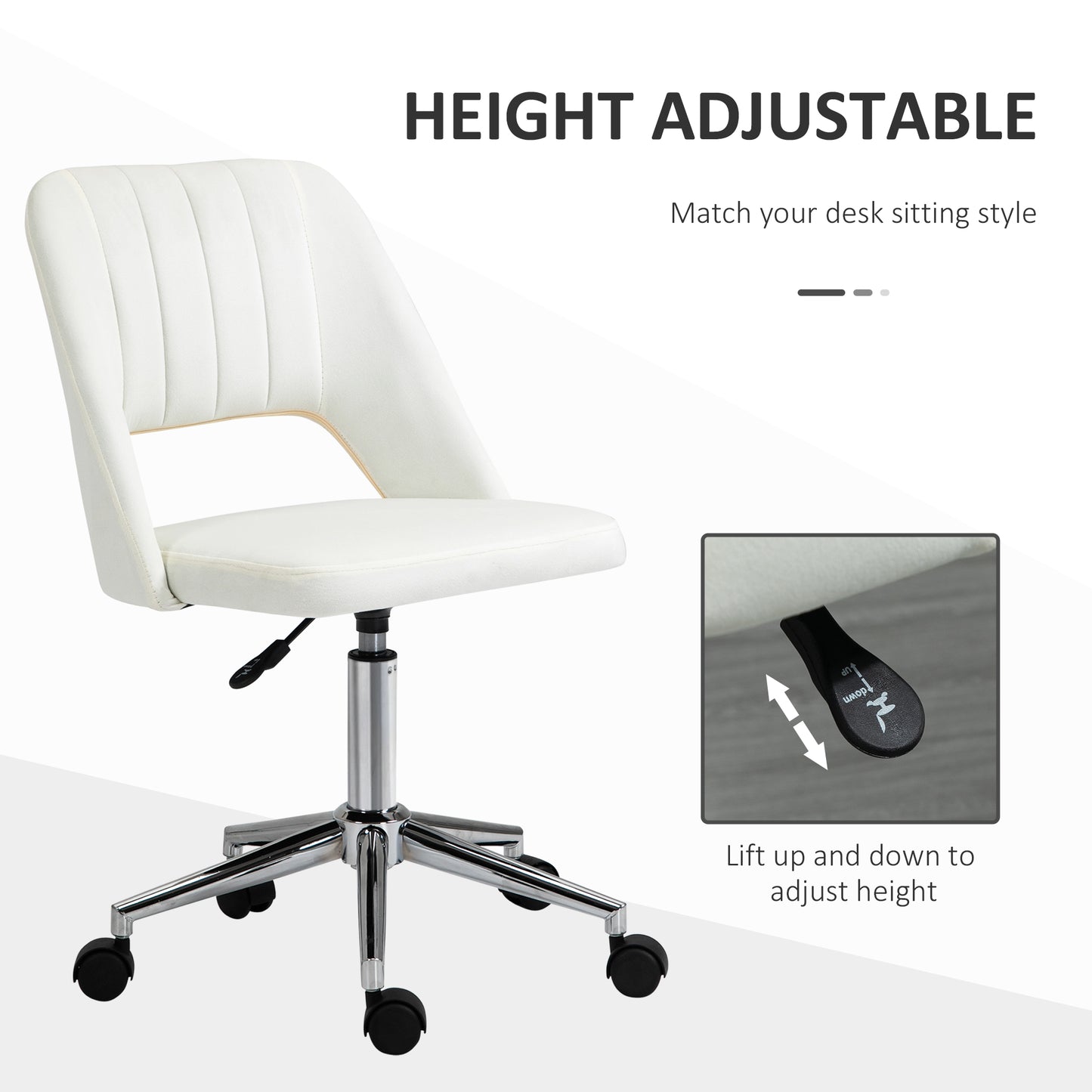 Armless Velvet-Feel Office Chair | Sponge Padded Seat & Back | 360° Swivel | 5 Wheels | Height Adjustable 46-58cm | 120kg | Bedroom Home Office Study | Cream White