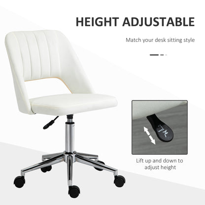 Armless Velvet-Feel Office Chair | Sponge Padded Seat & Back | 360° Swivel | 5 Wheels | Height Adjustable 46-58cm | 120kg | Bedroom Home Office Study | Cream White
