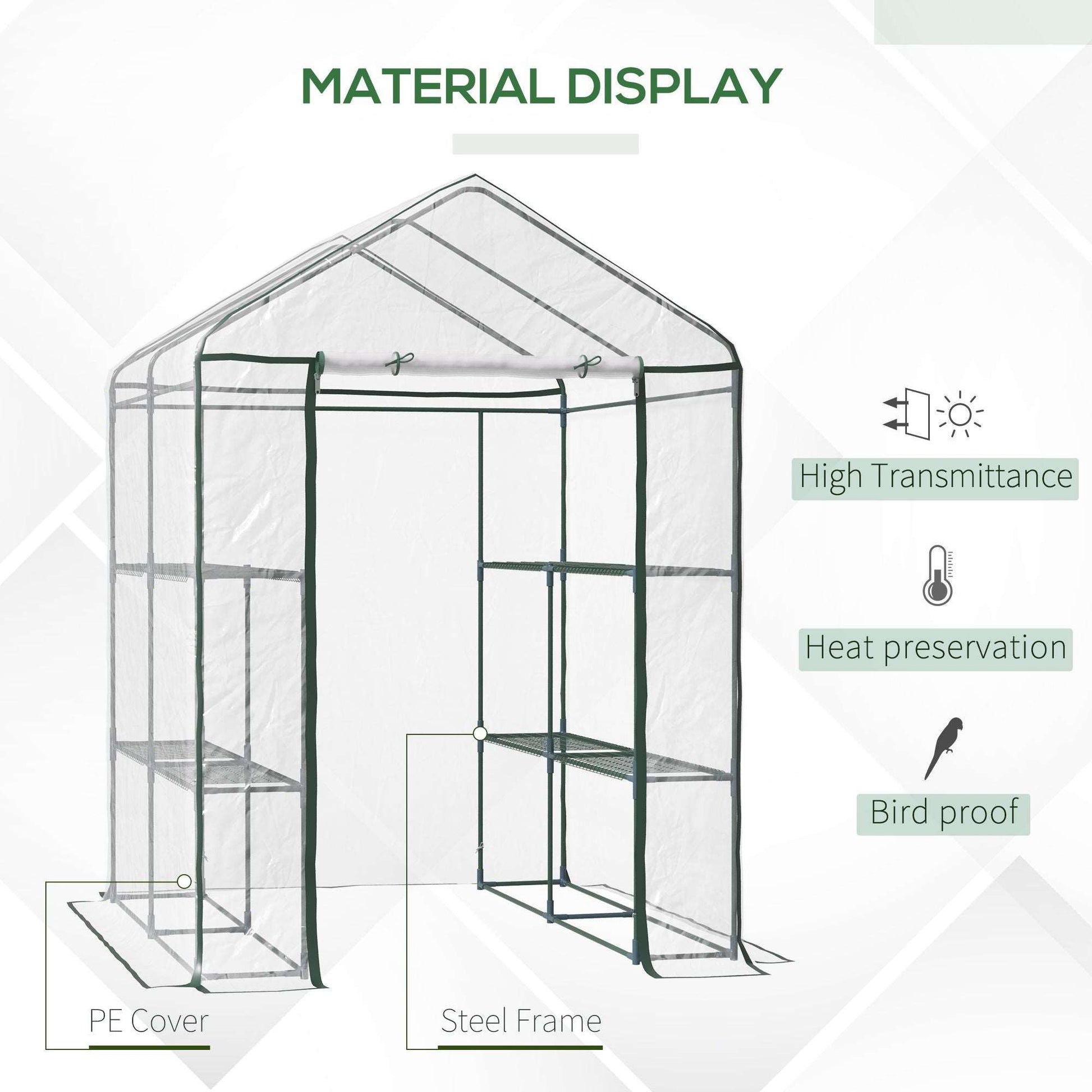 143 x 143 x 195 cm Walk-In Greenhouse 3 Tiers Portable Grow House w/ 8 Shelves, Metal Frame, PVC Film, Transparent