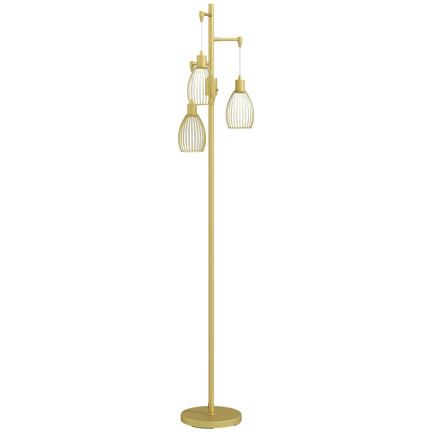 70cm Industrial 3-Light Floor Lamp, Dimmable Standing Lamp with Steel Lampshades for Living Room, Bedroom, Dinging Room, Study, Gold Tone