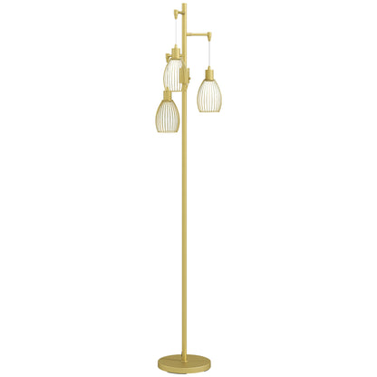 70cm Industrial 3-Light Floor Lamp, Dimmable Standing Lamp with Steel Lampshades for Living Room, Bedroom, Dinging Room, Study, Gold Tone