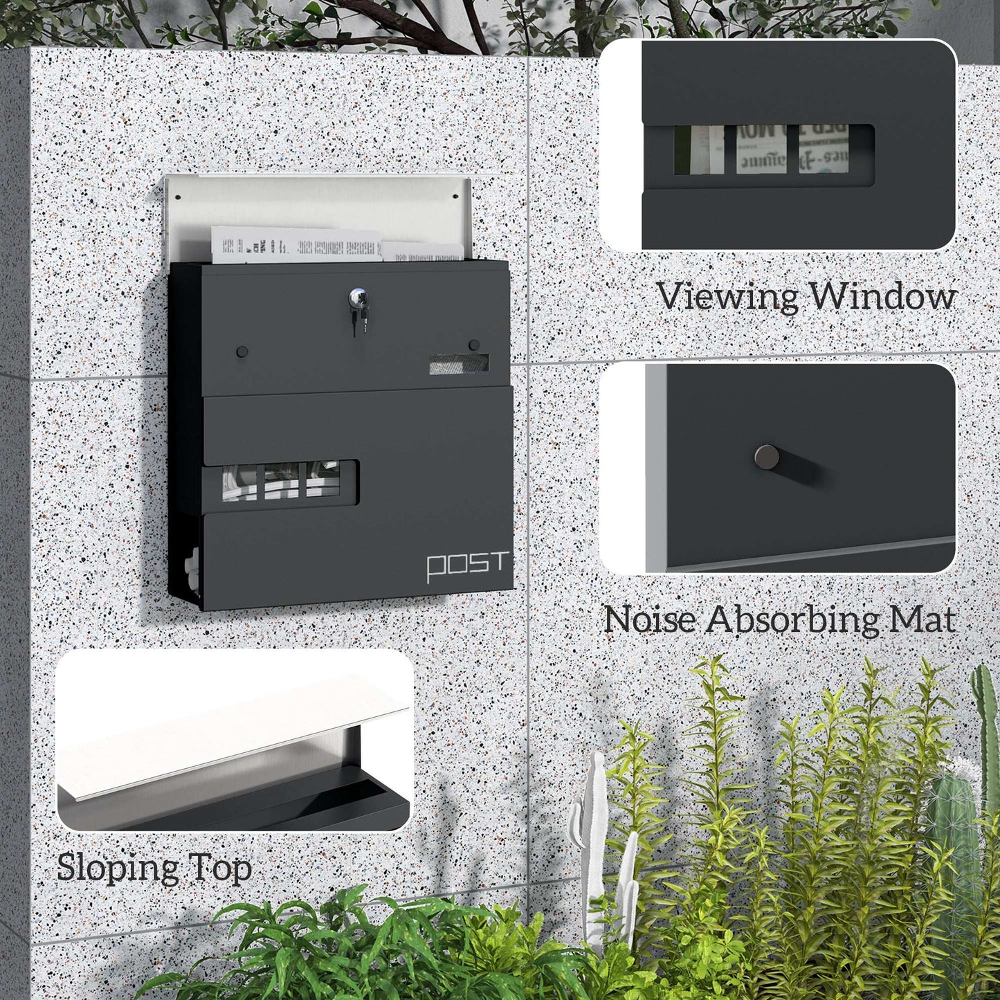 Wall Mounted Post Box with Viewing Window,  Modern Galvanised Steel Mailbox with Copper Core, Weatherproof Letterbox Charcoal Grey