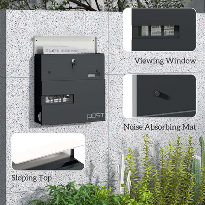 Wall Mounted Post Box with Viewing Window,  Modern Galvanised Steel Mailbox with Copper Core, Weatherproof Letterbox Charcoal Grey