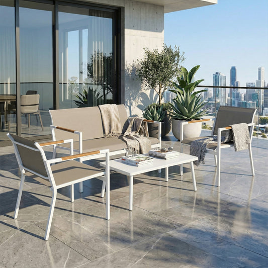 4-Piece Garden Furniture Set | Loveseat, 2 Armchairs & Table | Breathable Mesh | Khaki