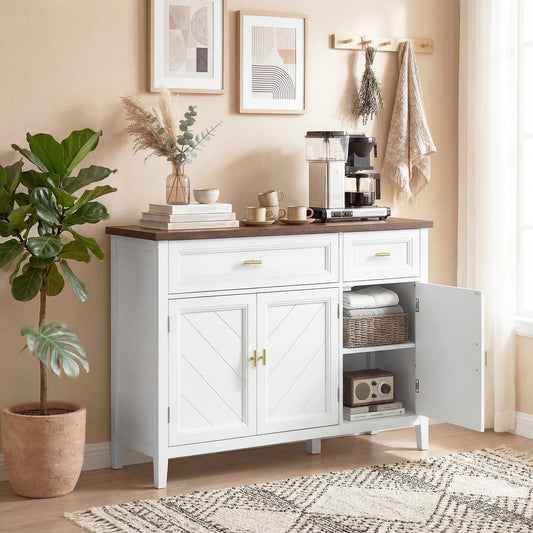 Modern Sideboard | 3 Doors & 2 Drawers | 3-Position Adjustable Shelves | Gold Alloy Handles | Anti-Tipping Straps | Water-Resistant | 75kg Capacity | 110x35x80.5cm | White & Brown Wood Effect