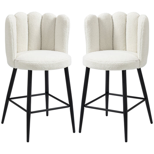 Bar Stools Set of 2, Faux Cashmere Upholstered Breakfast Bar Chairs, Modern Kitchen Stools with Backs, Footrest and Steel Base, Cream