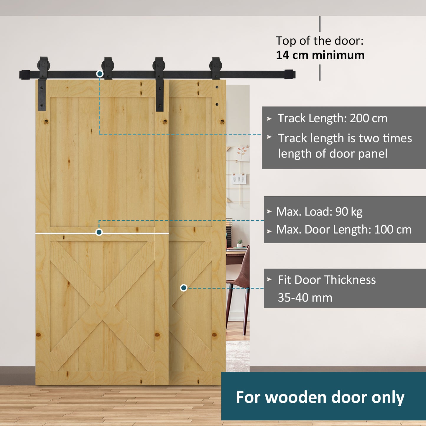 Sliding Barn Door Hardware Track Kit | 200cm Rail | 2 Doors | 90kg | Carbon Steel | Industrial Rollers | 35-40mm Door Panels | Wood & Cement Walls | Black