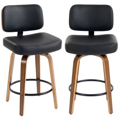 Bar Stools Set of 2 | 360° Swivel | 66cm Seat Height | 7.5cm Padded PU Seat | Curved Backrest | Steel Footrest | Poplar Wood Frame | Fire-Retardant Foam | 44x49x95cm | 120kg | Fits 89–99cm Bar Tables | Black