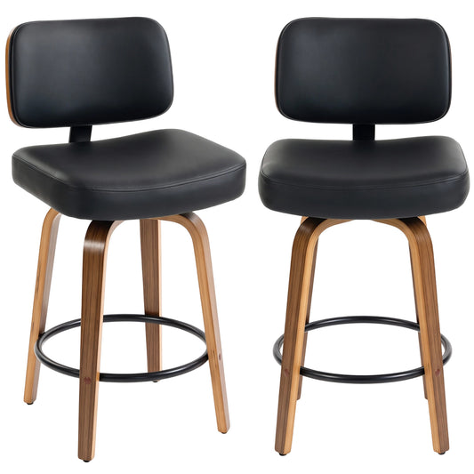 Bar Stools Set of 2 | 360° Swivel | 66cm Seat Height | 7.5cm Padded PU Seat | Curved Backrest | Steel Footrest | Poplar Wood Frame | Fire-Retardant Foam | 44x49x95cm | 120kg | Fits 89–99cm Bar Tables | Black