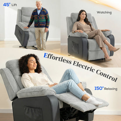Power Lift Recliner Chair for Elderly | 150° Recline | Pocket Spring & Foam | USB Port | Side Pockets | 120kg | Corduroy | Light Grey