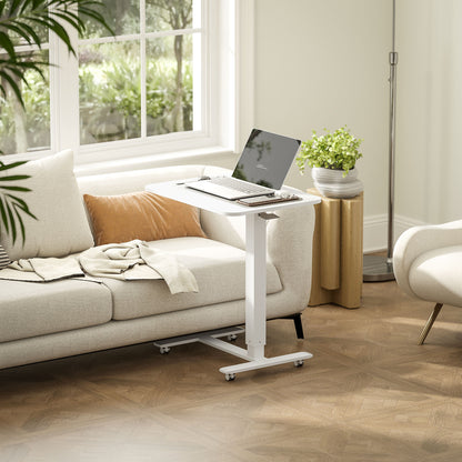 Height Adjustable Standing Desk, Pneumatic Sit Stand Desk for Laptop, Mobile Overbed Table with Wheels for Home Office, White