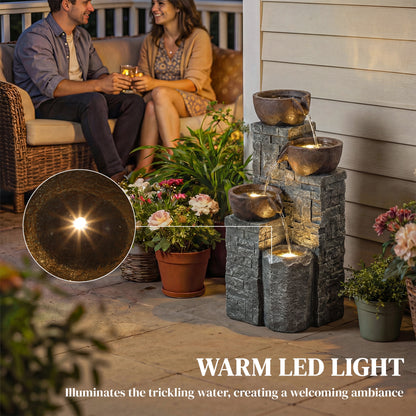 Compact 4-Tier Pot & Pillar Resin Waterfall Fountain | Hand-Painted | Warm White LED Lights | 3-Speed Adjustable Pump | 5W | 230V | 3m Cable | 26x25x50cm | Garden Patio & Balcony | Grey & Rustic Brown