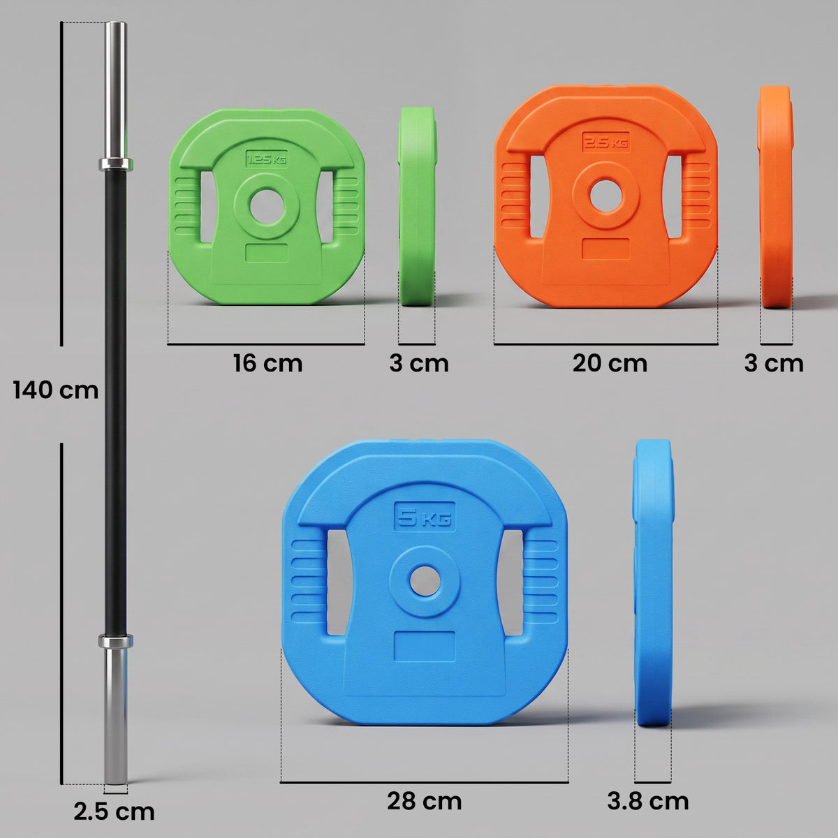 SPORTNOW Adjustable Barbell Weights Set | 20kg or 30kg Options | 140cm Three-Piece Steel Bar | Square Grip Plates & Fixing Clips | Multicolour