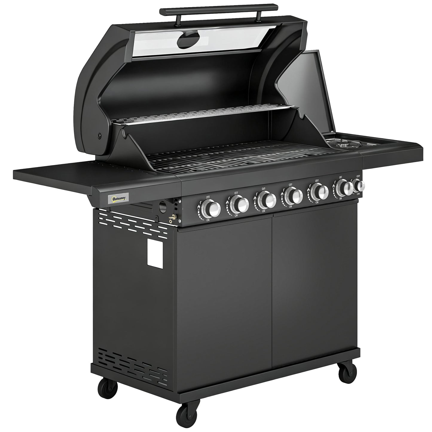 6+1 Burner Gas BBQ Grill | 3200cm² | 8-12 People | Side Burner | Warming Rack | Thermometer & Glass Window | Cabinet | Wheels | LPG | 146cm | Black