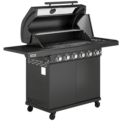 6+1 Burner Gas BBQ Grill | 3200cm² | 8-12 People | Side Burner | Warming Rack | Thermometer & Glass Window | Cabinet | Wheels | LPG | 146cm | Black
