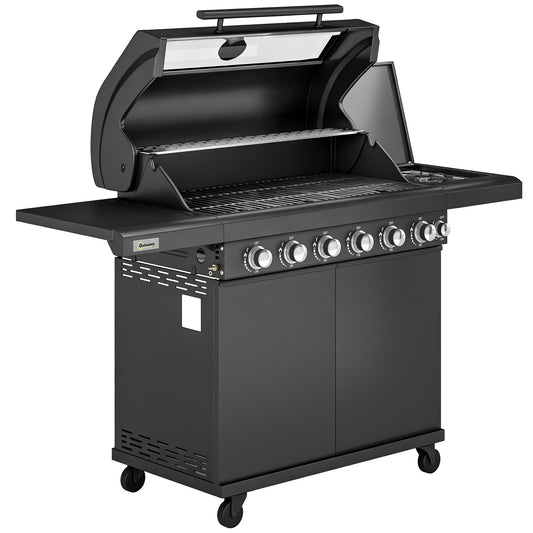 6+1 Burner Gas BBQ Grill | 3200cm² | 8-12 People | Side Burner | Warming Rack | Thermometer & Glass Window | Cabinet | Wheels | LPG | 146cm | Black