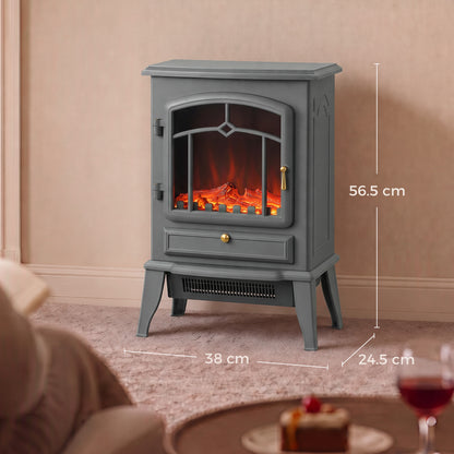 Grey Electric Fireplace Stove | 1000W/2000W Freestanding Heater | Dimmable LED Log Flame | 10–35°C Thermostat | Gold-Tone Handle