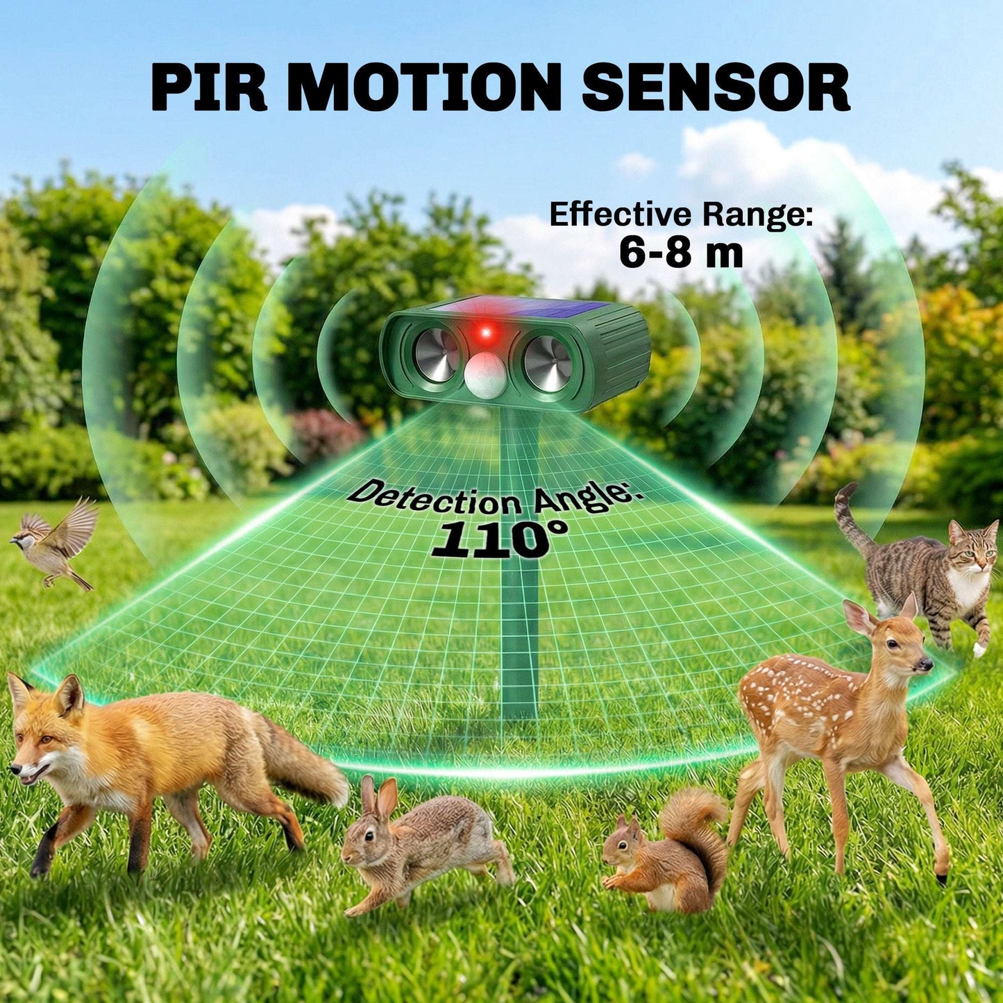 Solar Ultrasonic Animal Repeller | 110° PIR Motion Sensor | 6-8m Range | LED Flash | Ground Stake | IPX4 Weatherproof | Humane Cat Dog Rat Deterrent | 14x9.2x37cm | Green