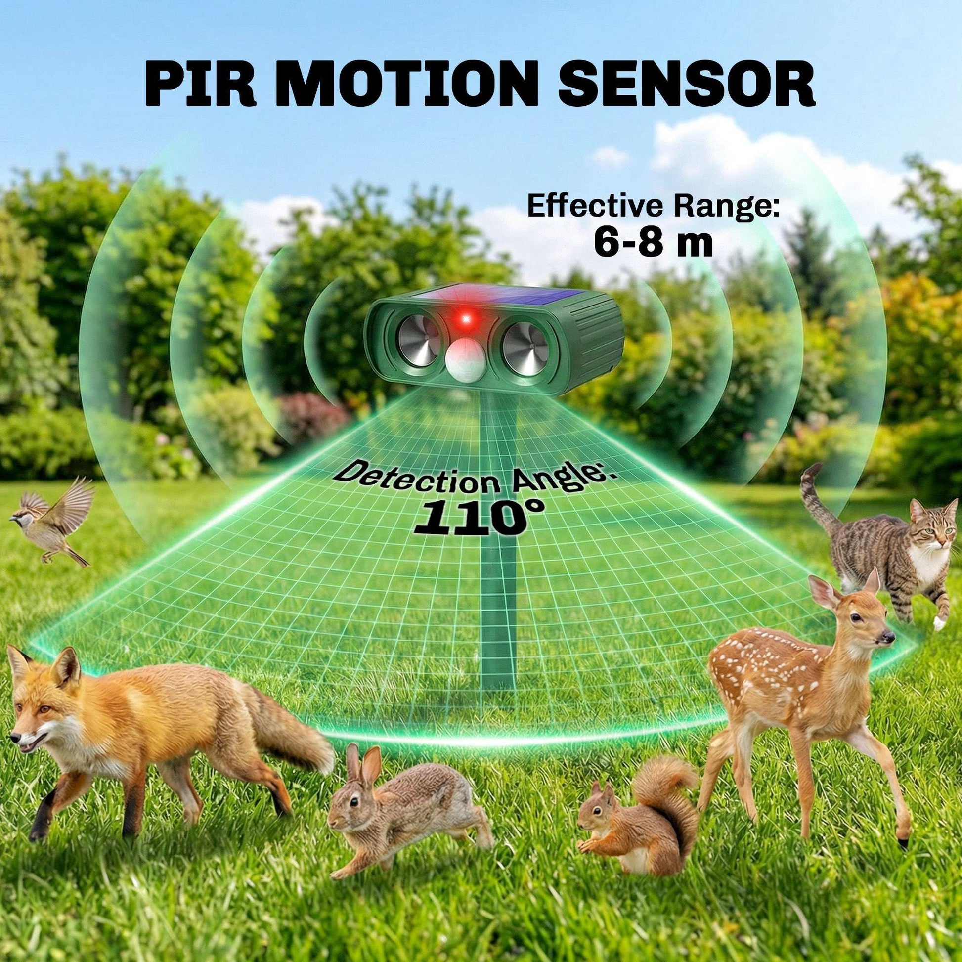 Solar Ultrasonic Animal Repeller | 110° PIR Motion Sensor | 6-8m Range | LED Flash | Ground Stake | IPX4 Weatherproof | Humane Cat Dog Rat Deterrent | 14x9.2x37cm | Green