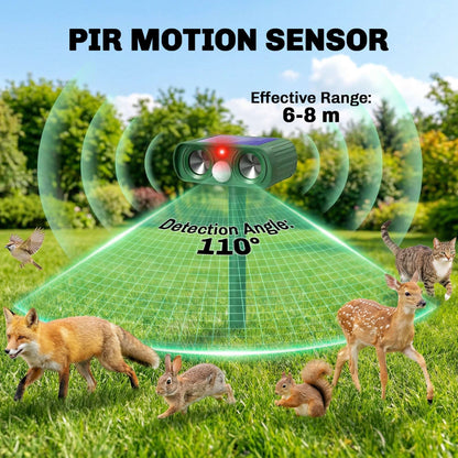 Solar Ultrasonic Animal Repeller | 110° PIR Motion Sensor | 6-8m Range | LED Flash | Ground Stake | IPX4 Weatherproof | Humane Cat Dog Rat Deterrent | 14x9.2x37cm | Green