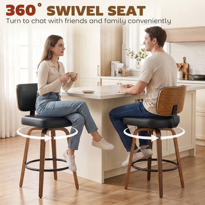 Bar Stools Set of 2 | 360° Swivel | 66cm Seat Height | 7.5cm Padded PU Seat | Curved Backrest | Steel Footrest | Poplar Wood Frame | Fire-Retardant Foam | 44x49x95cm | 120kg | Fits 89–99cm Bar Tables | Black