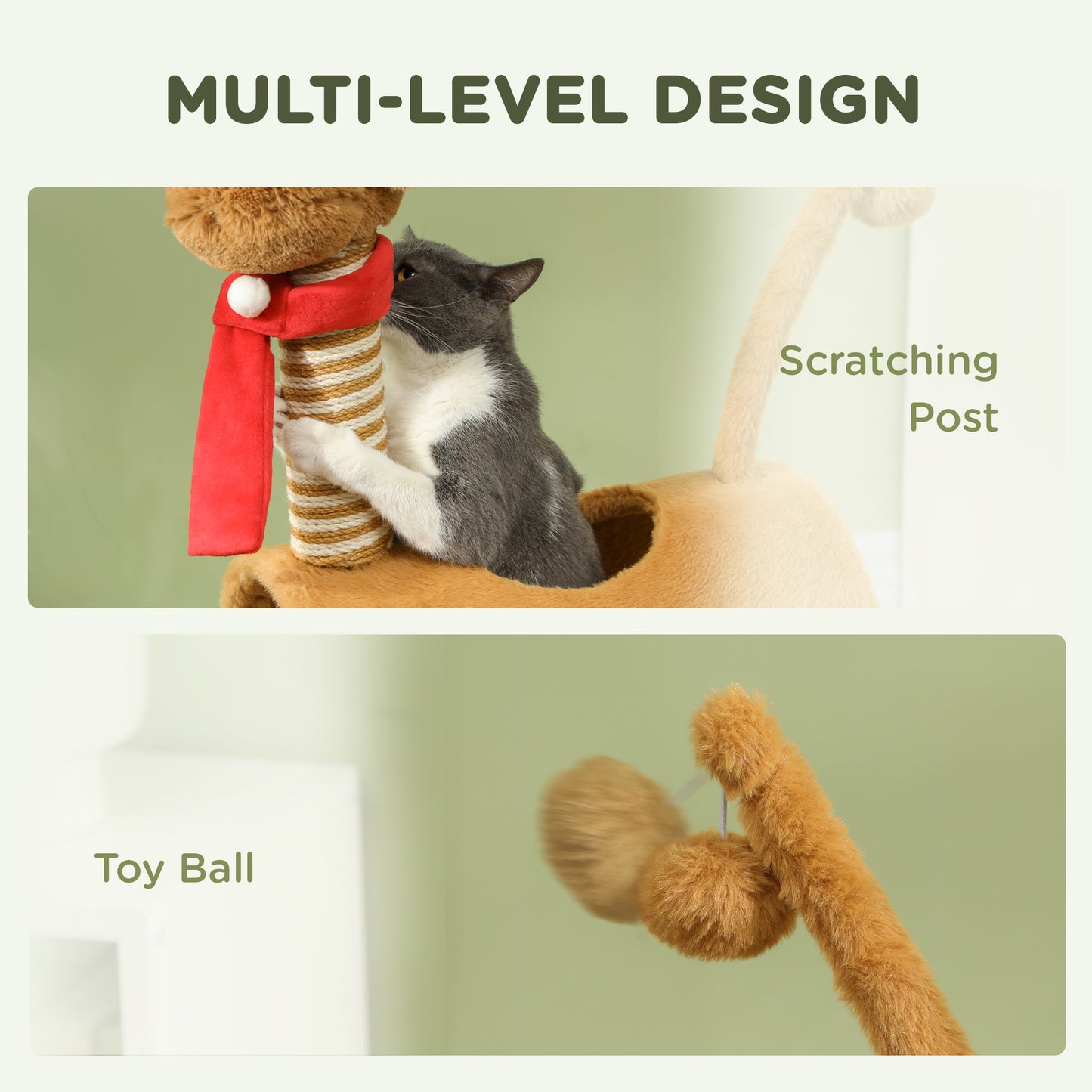 PawHut 98cm Deer Themed Cat Tree with Scratching Posts, Toy Ball, Tunnel, Brown