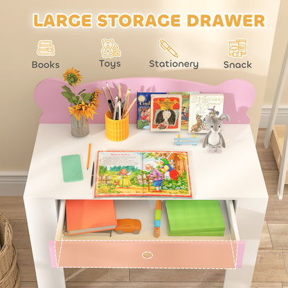 Kids Desk & Chair Set with Drawer – Bear Theme, Easy-Clean Surface, 80cm Desk, For Drawing, Reading & Crafts, Ages 3–8 – Pink
