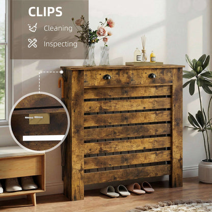 MDF & Particle Board Radiator Cover with 2 Drawers | Slatted Design | Skirting Board Cut-Outs | Easy-Fix Clips | Wood-Effect Top | 5kg Per Drawer | 111x19x95.5cm | Rustic Brown