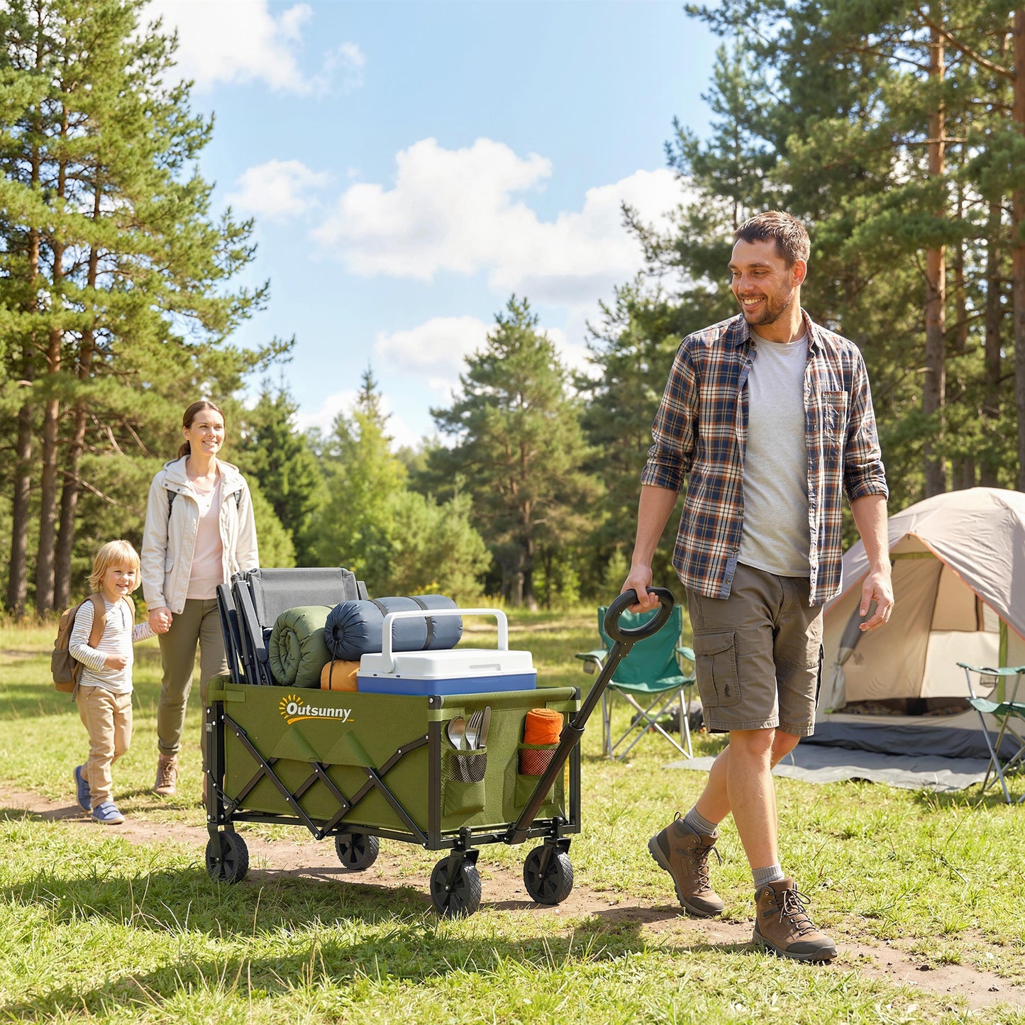 Outsunny 80L Foldable Festival Trolley on Wheels – Drop-Down Tailgate, 150kg, Adjustable Handle, 2 Cup Holders, Quick-Release Wheels – Green