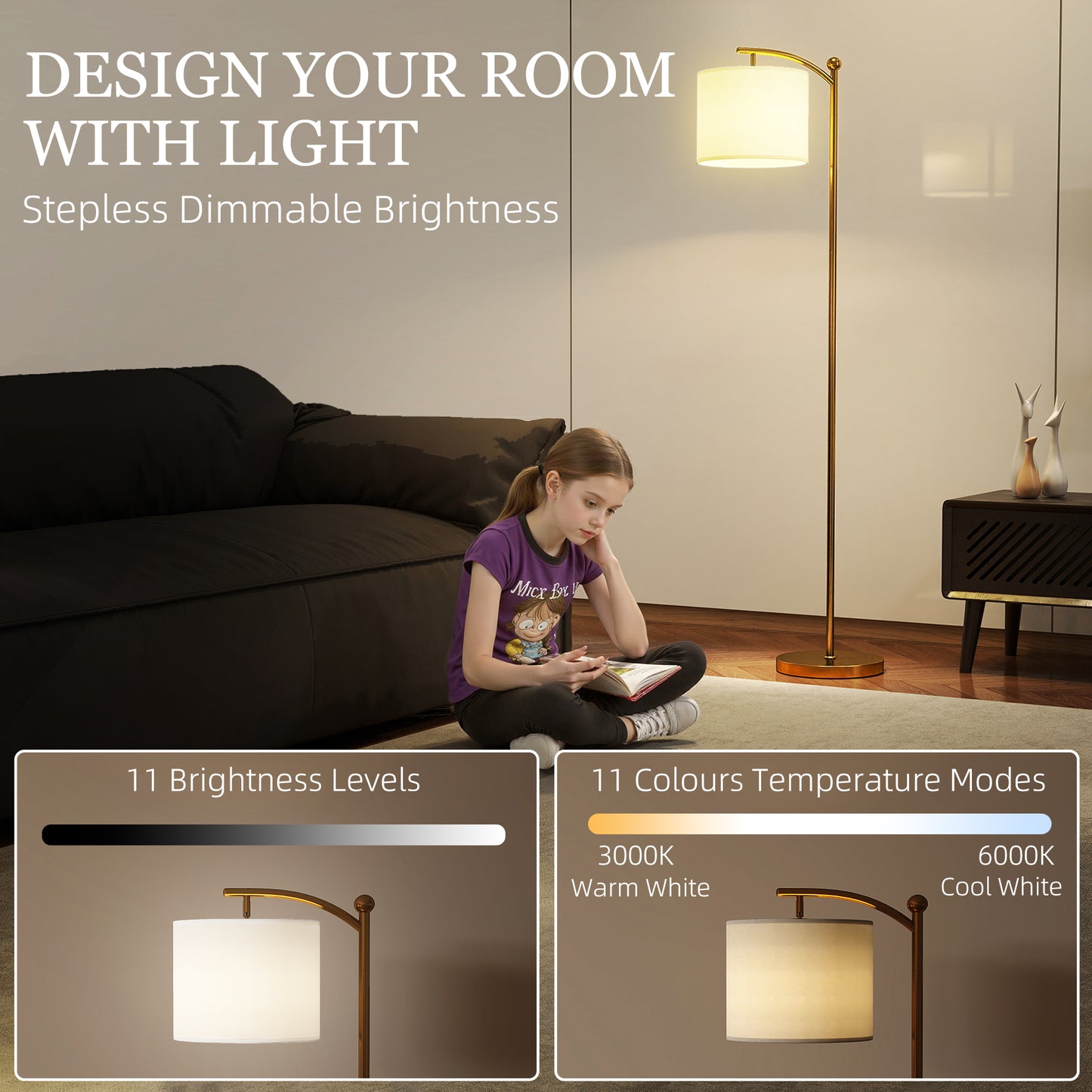 LED Floor Lamp with Remote Control - Gold Tone