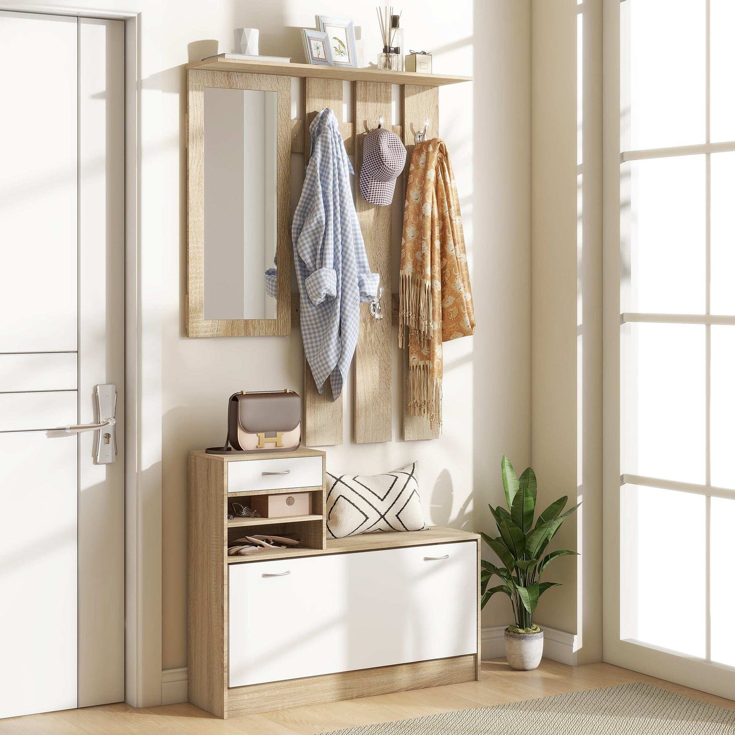 Three-in-One Hallway Storage Set - Natural Wood Finish/White