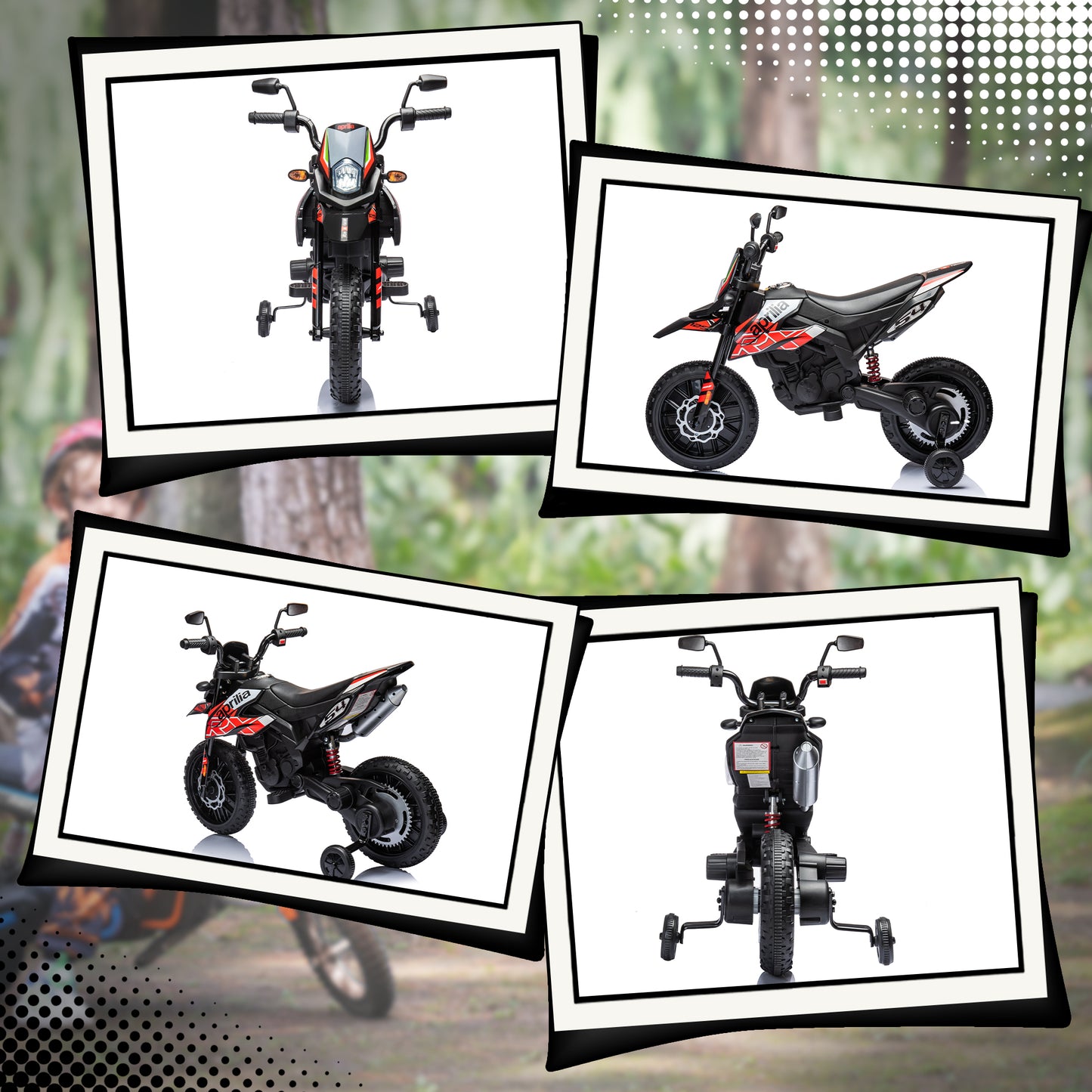 AIYAPLAY 12V Aprilia Licenced Kids Motorbike with Training Wheels, Spring Suspension, LED Light, USB, Music, Red / Yellow
