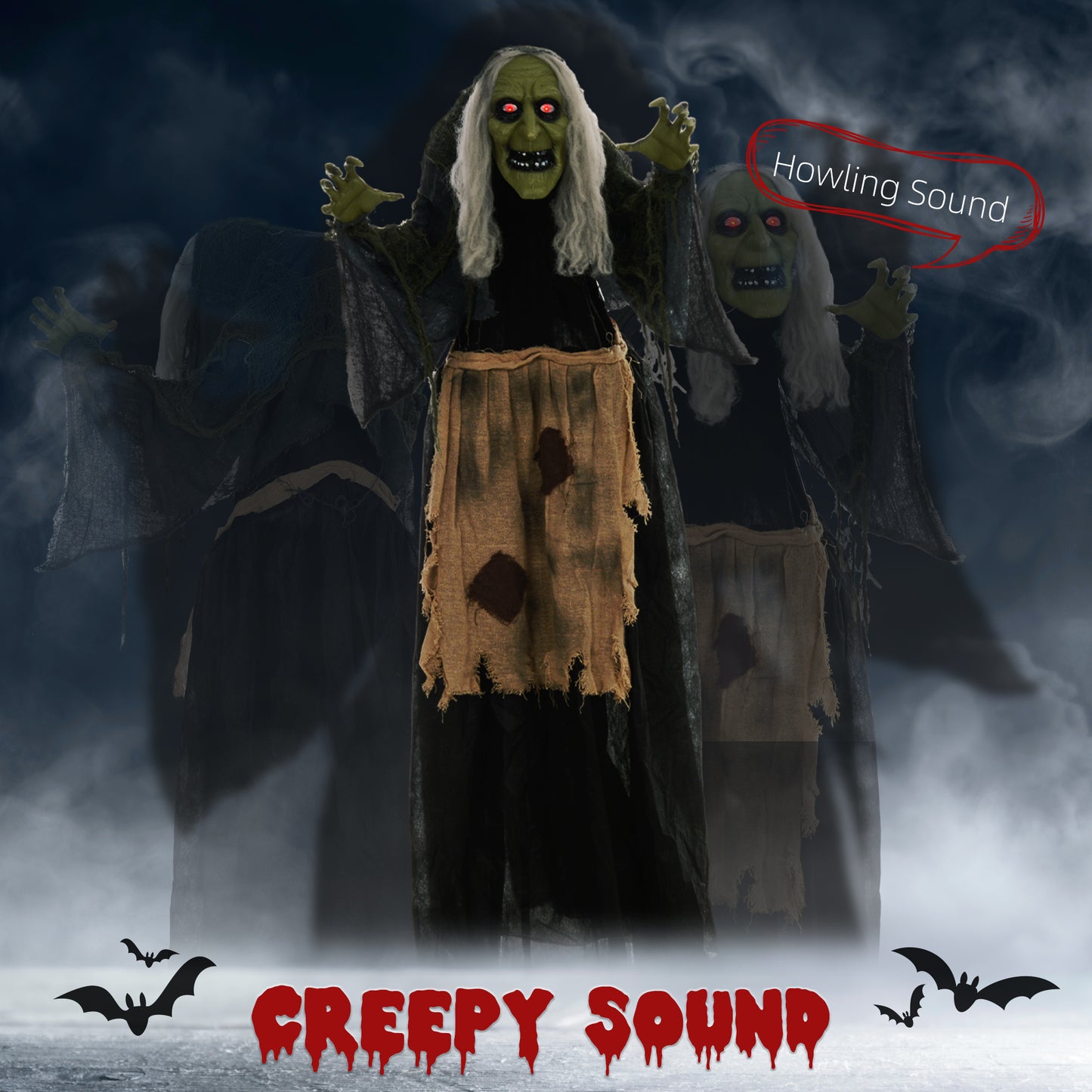 160cm 63" Witch Outdoor Halloween Decoration, Halloween Animatronic with Sound Activated, Light Up Eyes, Sound Effects, Animated Prop for Haunted House